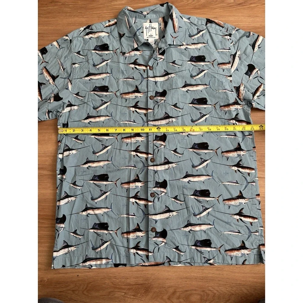 AFTCO‎ Guy Harvey Tropical Fish Print Button Up Short Sleeve Shirt Men's LG Blue